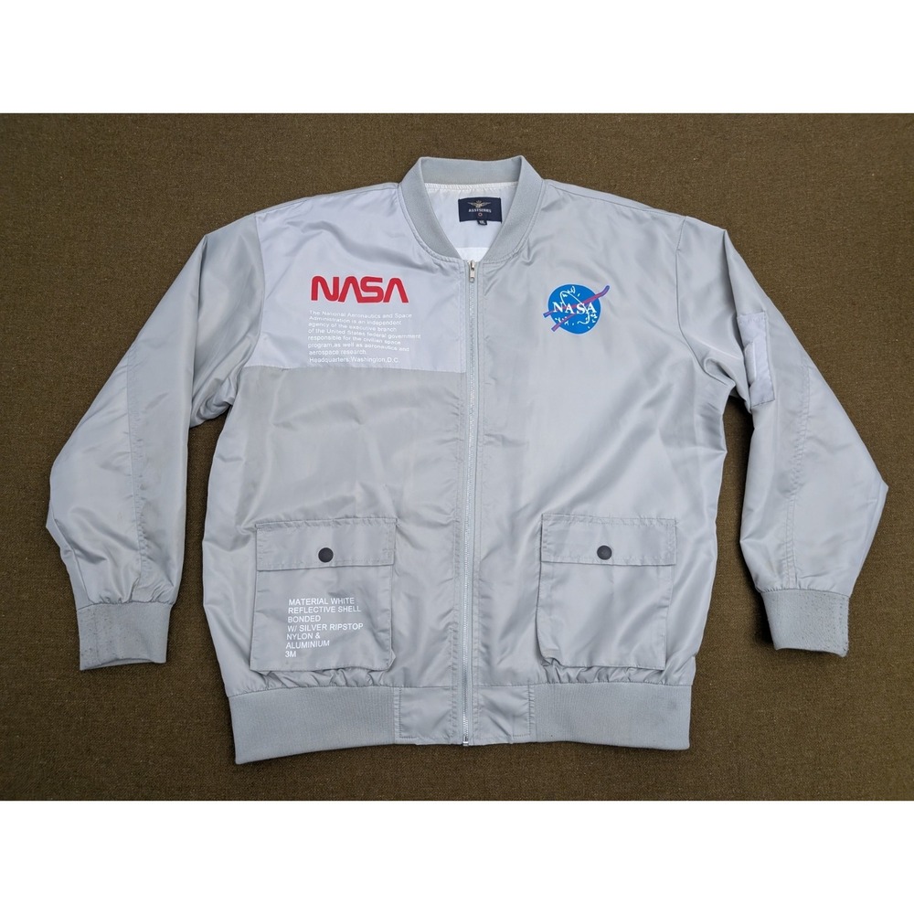 NASA Asstseries Men's Grey Flight Bomber Jacket Removable Flag Patch Size XXL